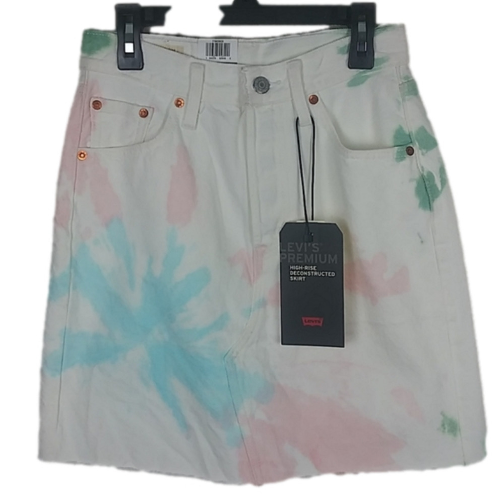 Levi's Strauss Deconstructed High Rise White Tie Dye Button Fly Jean Mini Skirt